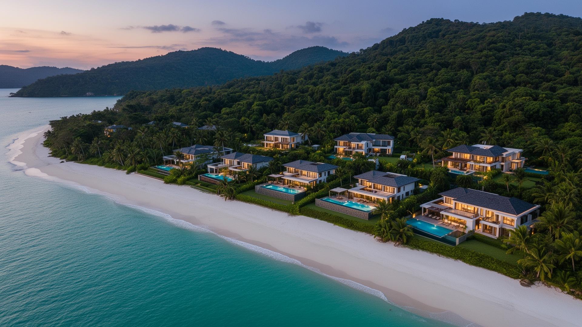 Aerial view of the Koh Samui coastline with beachfront villas