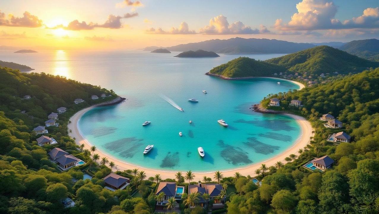 Aerial view of Koh Samui coastline at sunset